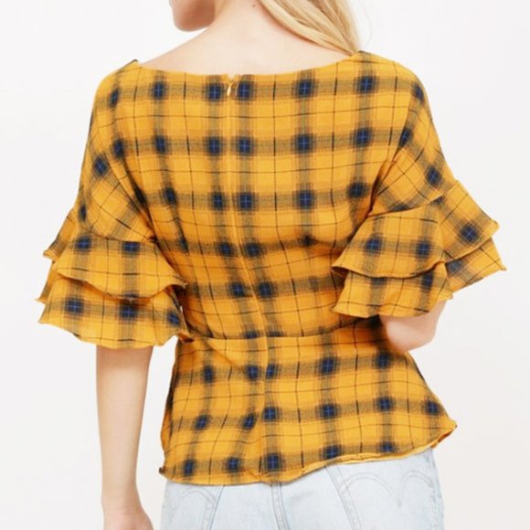 Mustard Plaid Check Ruffle Sleeves Wrap Tie Blouse - Picture 3 of 10